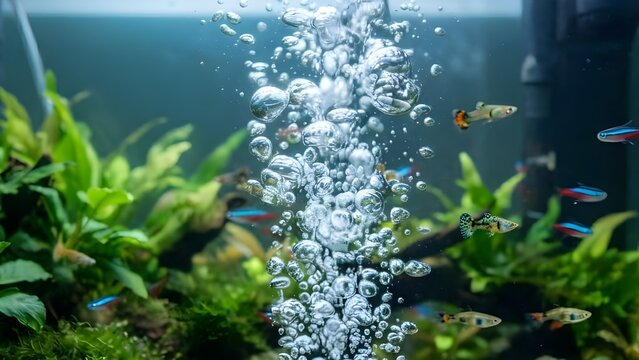 수중 속에서 위로 시원하게 솟아오르는 투명한 산소 방울과 싱그러운 수초 풍경
Transparent oxygen bubbles rising refreshingly upward underwater with lush aquatic plants