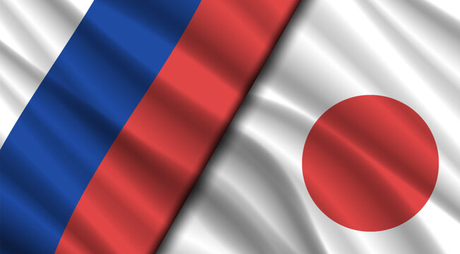 Vector politico economic poster. Wavy flags of Russian Federation and Japan. Relations between countries. Russian and Japanese. Moscow and Tokio. Banner