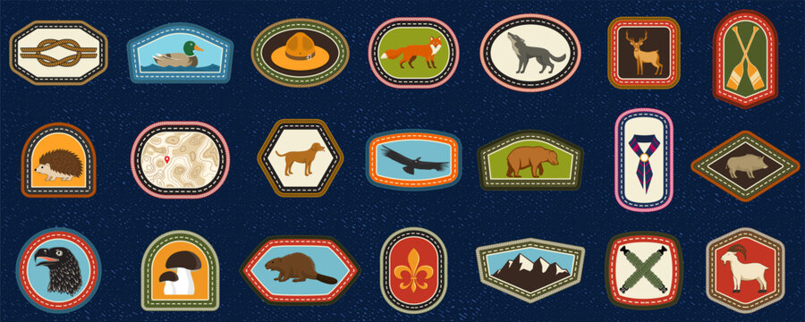 Scout Merit Badges Collection, 24 Vintage Embroidery Animal Patches with Wildlife, Camping, Outdoor Skills and Achievement Symbols for Scouting and Adventure