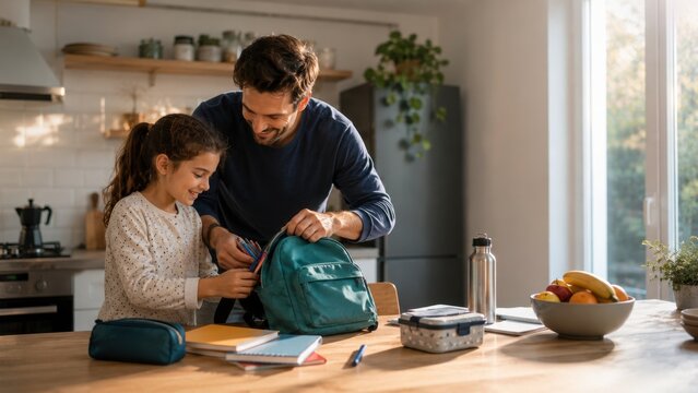 Father Helping Daughter Pack School Backpack Before Morning Classes