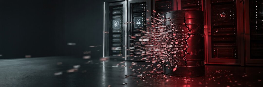Data center server disintegrating during cyber attack, infrastructure failure concept for cybersecurity website banner