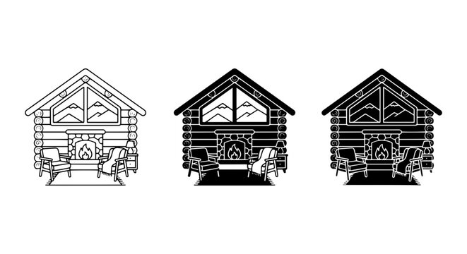 Cozy Log Cabin Interior Vector Set, Rustic Mountain Retreat Scene, Fireplace, Chairs, Windows, 3 Styles
