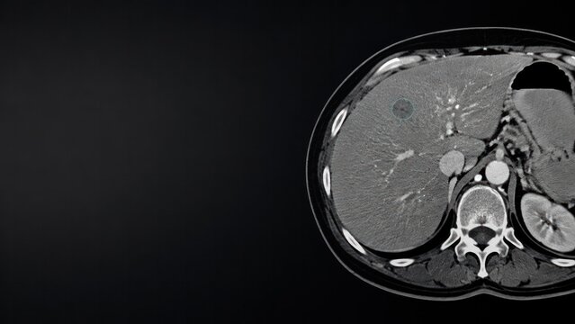 Abdominal CT scan showing liver and internal organs, medical imaging concept for diagnostic healthcare with copy space