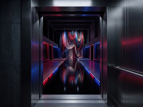 Elevator doors opening onto neon runway with draped curtains for cyberpunk fashion show poster and futuristic event background