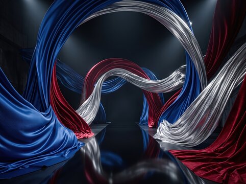 Empty runway with flowing silk fabric arches in blue red and silver for abstract theatrical background and surreal fashion display