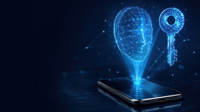 Smartphone projects digital face and key, biometric identity authentication concept for mobile security with copy space