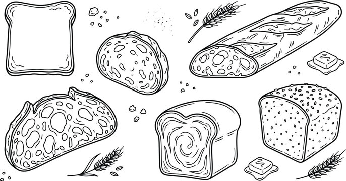 Hand Drawn Bread Vector Set with Sourdough, Baguette, Loaf Slices, Wheat Ears, and Butter for Bakery and Cafe Menu Design