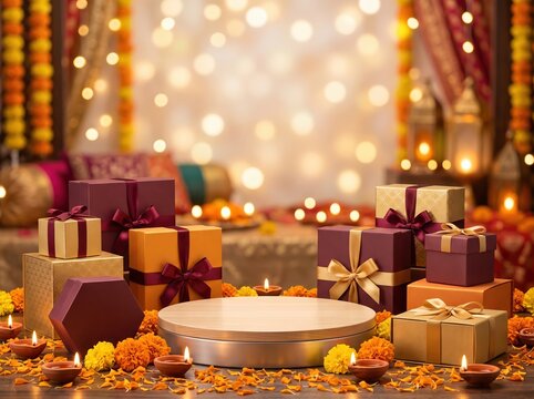 Diwali ecommerce campaign gift box display with marigolds candles and bokeh lights for product showcase background and banner