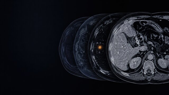 Abdominal CT scan sequence with highlighted lesion, medical imaging concept for diagnostic website banner
