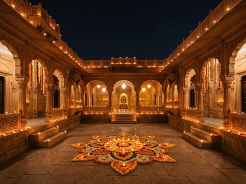 Diwali evening indian courtyard with illuminated rangoli and traditional lamps for festival background and wallpaper