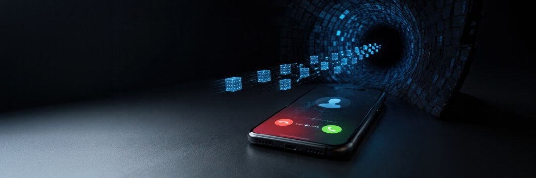 Incoming smartphone call connected to digital data tunnel, communication security concept for website banner