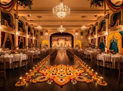 Diwali event reception hall decorated with large rangoli, chandeliers and candlelit tables before guests for venue design