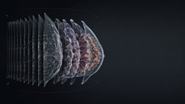 3D breast tissue layers visualized for mammography, cancer screening concept for medical website banner with copy space