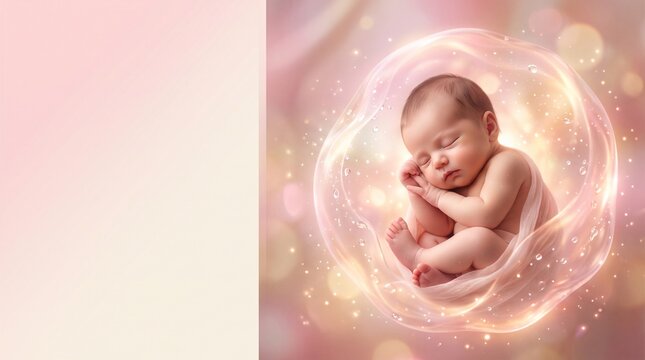 光る温かな胎内で安らかに眠る赤ちゃんの概念イメージ（コピースペースあり）
命の誕生と神秘 優しい光に包まれて眠る新生児とコピースペース
胎内記憶・妊娠・出産のイメージイラスト 愛に包まれた赤ちゃん