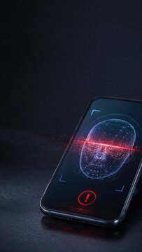 Smartphone detecting suspicious face scan, biometric spoofing and deepfake fraud concept for mobile security with copy space