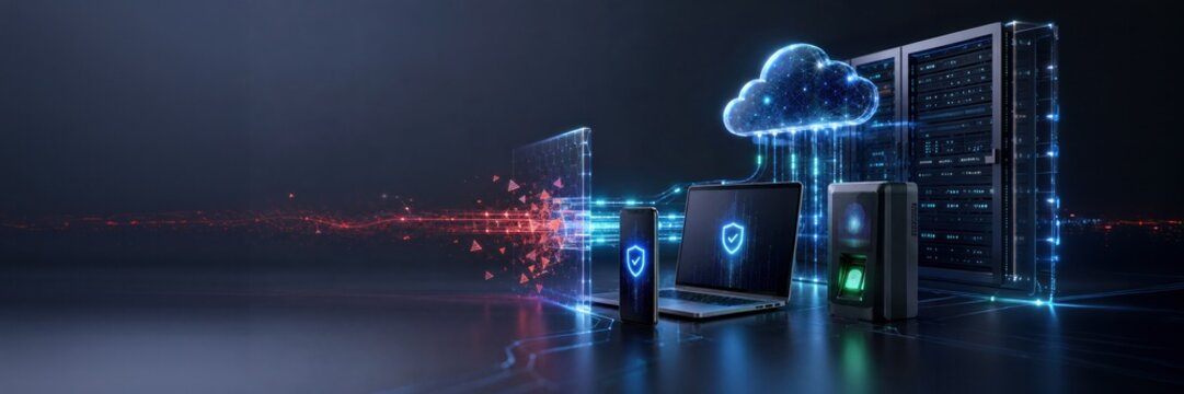 Cloud security protecting connected devices and servers, enterprise cybersecurity concept for digital infrastructure