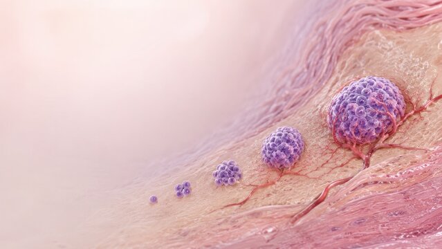 Cancer cells spreading through vascular tissue, metastasis and tumor progression concept for oncology research