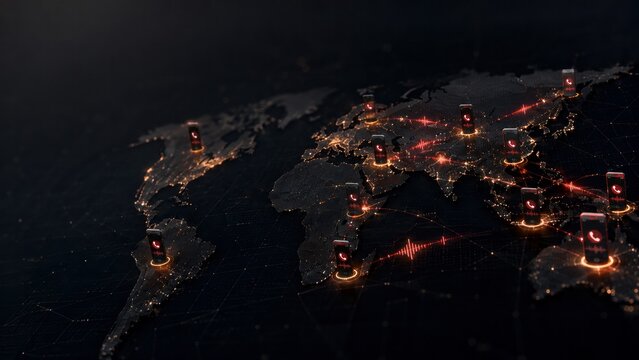 Global connected devices across world map, cybersecurity network threat concept for digital infrastructure
