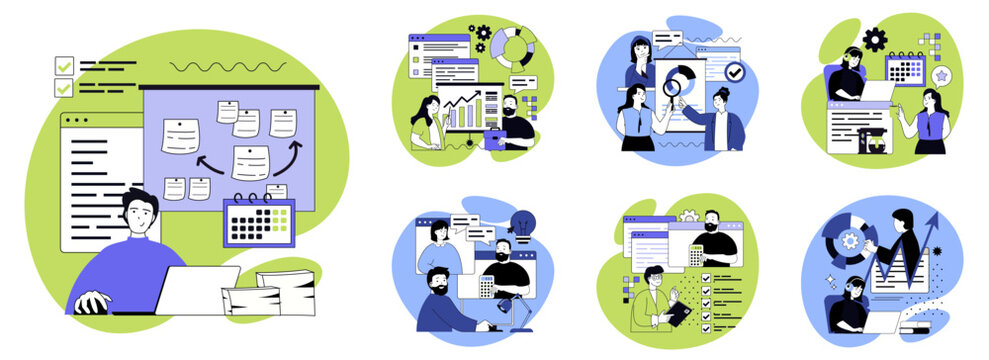 Basic office flat concepts set for web design. People communicating and brainstorming, developing business, doing tasks, making investments, planning strategy, earning money. Vector illustrations.