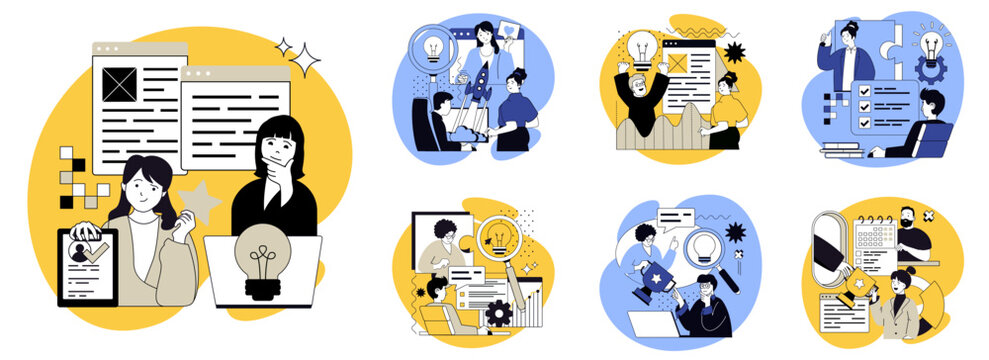 All good ideas flat concepts set for web design. People thinking, searching solutions and improvements, brainstorming creative business innovations, making startup strategy. Vector illustrations.