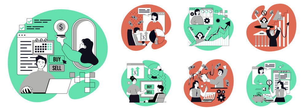 Business and finance flat concepts set for web design. People making financial analysis and statistics, earning money, planning strategy and investing, managing data with charts. Vector illustrations.