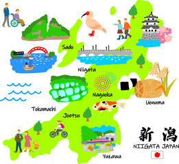 Naklejka premium 新潟県旅行、手描きの観光スポットと観光客フラットイラスト