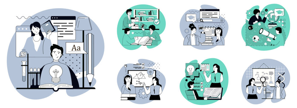 School learning flat concepts set for web design. People learning science, reading books and textbooks, studying at lessons, gain knowledge and skills, training at tutorials. Vector illustrations.
