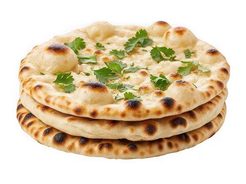 Stack of fresh garlic naan bread with green herbs isolated on transparent background