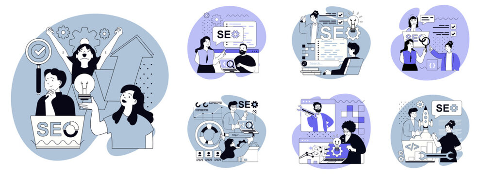 Seo optimization flat concepts set for web design. People researching website traffic data, finding query in browser, selecting keywords, optimizes site metrics and doing links. Vector illustrations.