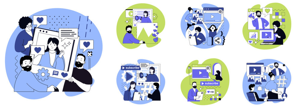 Social media influencer flat concepts set for web design. People creating mew posts in blogs, posting photos, doing online promotion, advertising, communicating with followers. Vector illustrations.