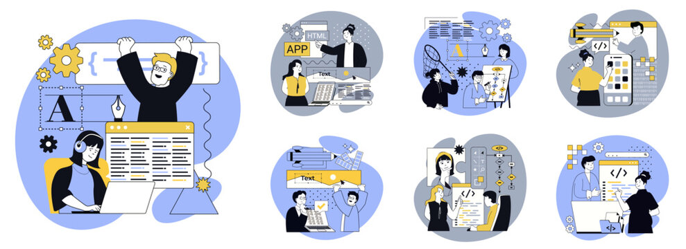 Software development flat concepts set for web design. People creating code for programs and mobile apps, engineering back end design, programming interface and user layouts. Vector illustrations.