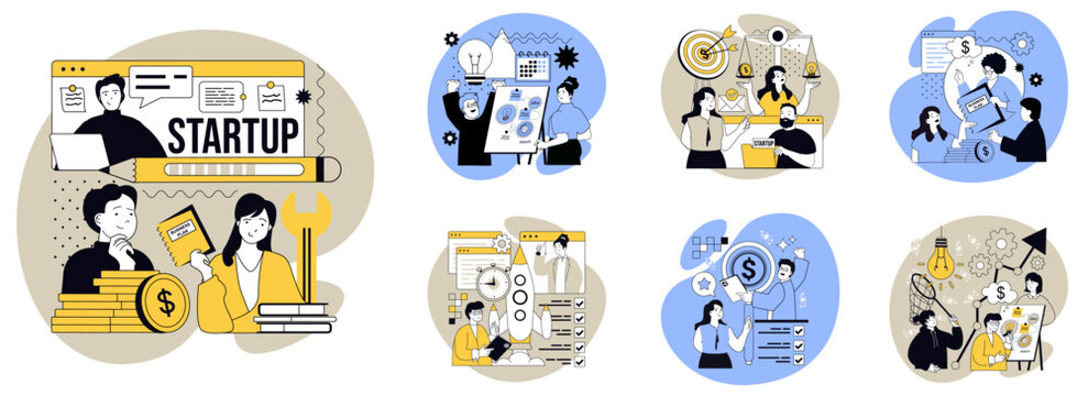Startup flat concepts set for web design. People launching new business, analyzing data, planning project strategy, doing investments, entrepreneur starts and developing company. Vector illustrations.