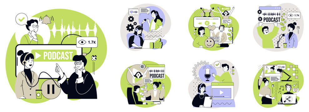 Video podcast flat concepts set for web design. People recording conversation in studio, host and guest creating audio interview or making talk streaming, broadcasting live. Vector illustrations.