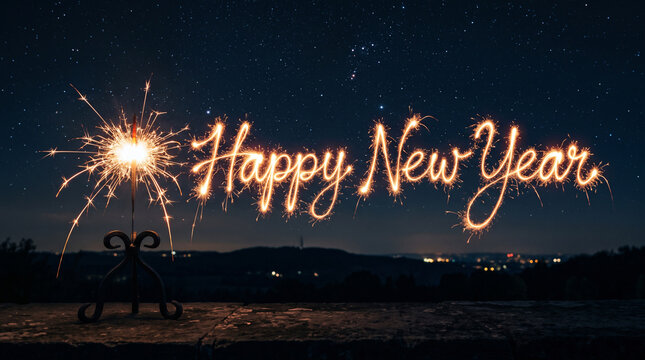 Sparkler writing the text happy new year against a dark night sky with stars with cursive script against starry sky background sparkler forms words lit sparkler