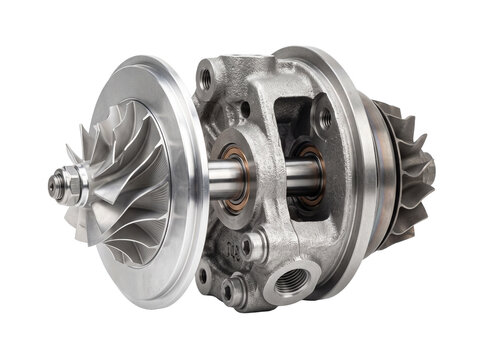 Turbocharger core assembly metallic engine part for automotive performance tuning and mechanical repair isolated on black background presenting high precision engineering steel component detail