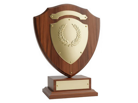 Wooden trophy shield with a gold metal plaque isolated on transparent background