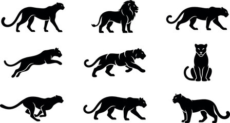 Wild big cat predator vector silhouette icon set featuring lion tiger panther cheetah leopard jaguar and cougar wildlife graphic elements. © AFSANA AKTER