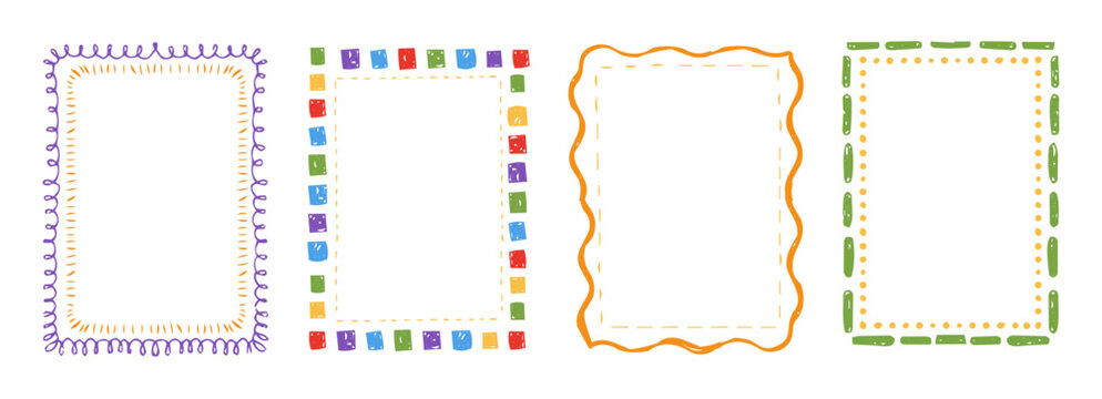 Crayon frame set, cute kindergarten pencil drawing. Childlike scribble doodle texture, hand drawn borders for decoration. Kid frame crayon box, textured whimsical wax pen border set.