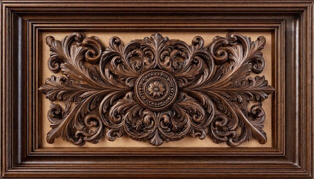 Ornate rectangular wooden panel featuring intricate acanthus leaf hand carved designs
