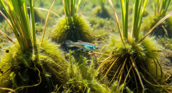 underwater scene with blue dragonfly larva
