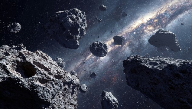 Numerous rocky asteroids float in deep space with a distant, glowing galaxy