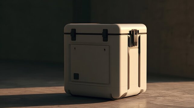 A sleek  modern insulated box stands on a concrete floor bathed in warm  directional light highlighting its clean lines and functional design