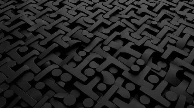 Abstract black modular surface with interlocking T-shaped elements and cylindrical centers in a diagonal grid pattern