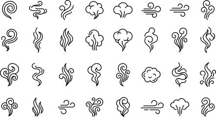 Steam and smoke line icons vector set containing wind blow aroma waves smell trail and puff clouds on white background. © AFSANA AKTER