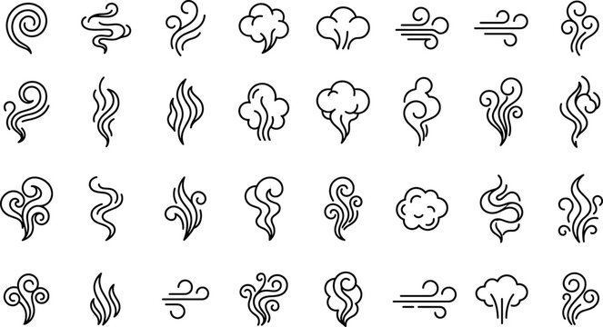 Steam and smoke line icons vector set containing wind blow aroma waves smell trail and puff clouds on white background.