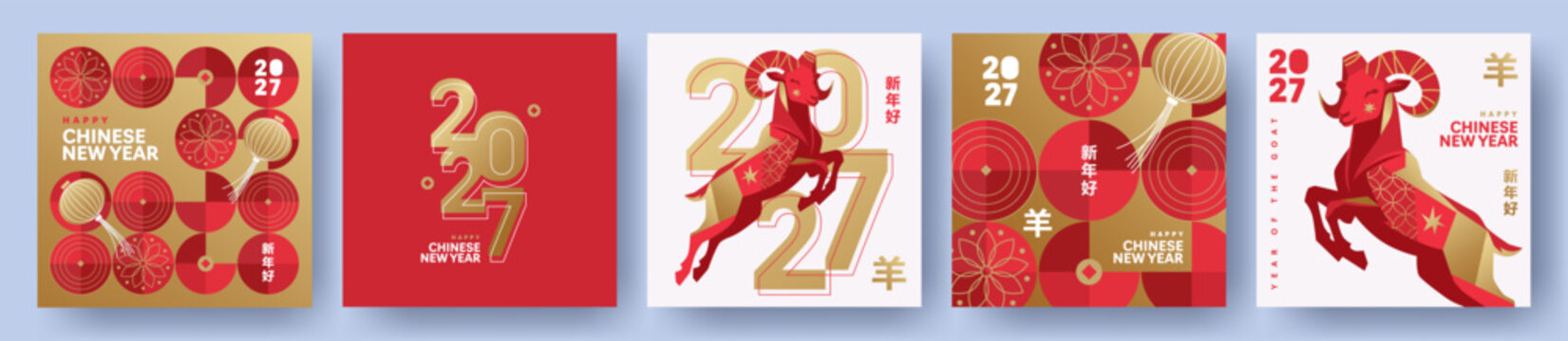 Chinese New Year 2027 modern design template set in red, gold and white colors for cover, card, poster, banner, social media template. Chinese zodiac Goat symbol. Hieroglyphics mean Happy New Year.