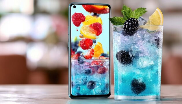 Smartphone displaying a vibrant blue cocktail with berries next to the actual refreshing drink on a table