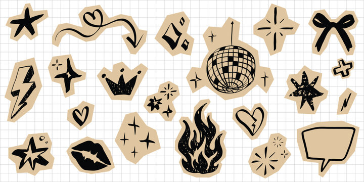 Scrapbook paper cutouts featuring hand drawn hearts, sparkles, and lightning bolts. Y2K aesthetic sticker elements perfect for journals, notebooks, and vintage collages.