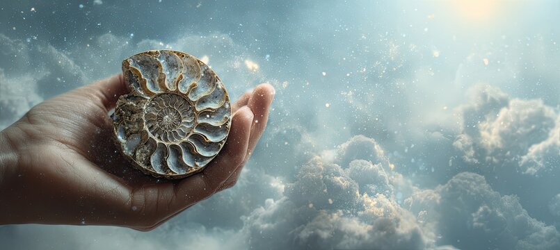 Hand holding ancient ammonite fossil against a dreamy, cloudy, star-dusted sky
