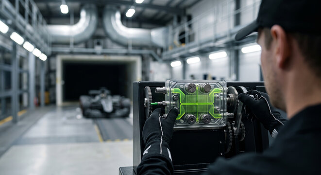 Engineer prepares wind tunnel sensor for aerodynamic testing of high performance racing.